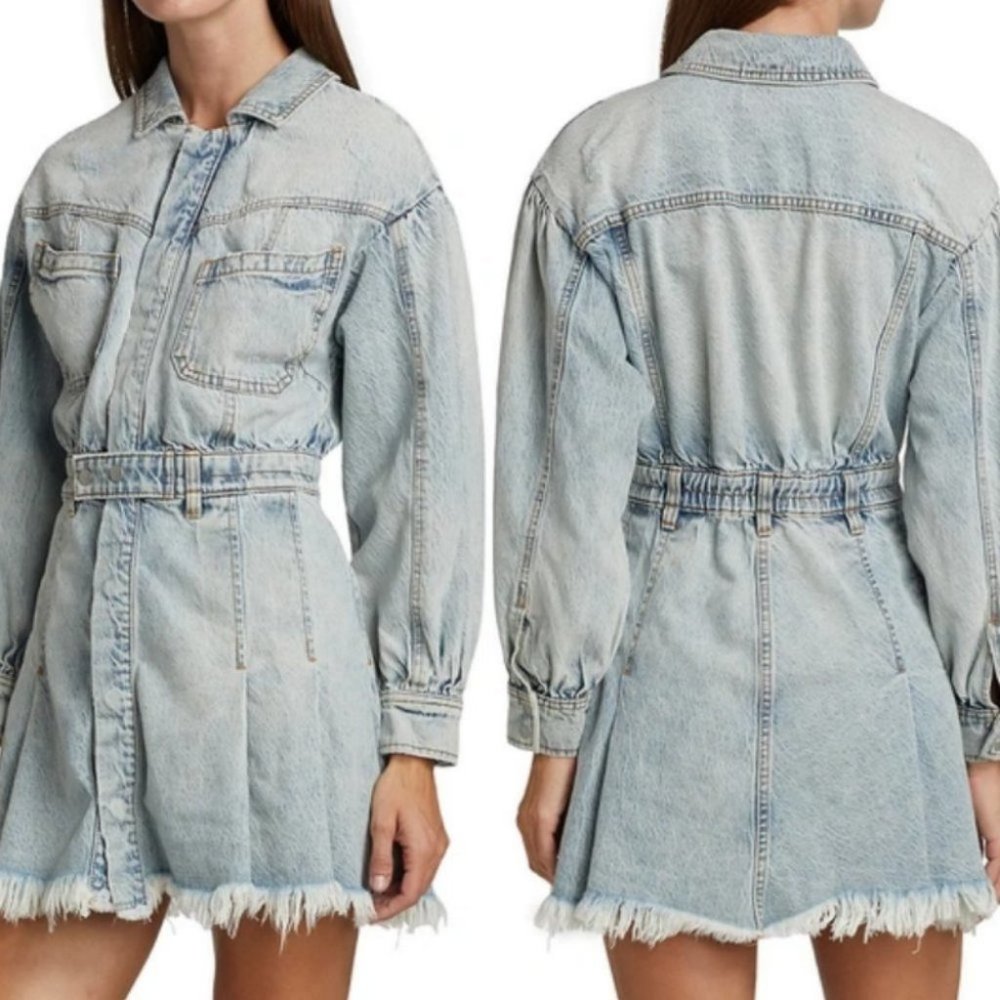 Free People Denim Dress Fringe Size Large Chain of Command Blue Jean Button Down - Picture 16 of 16
